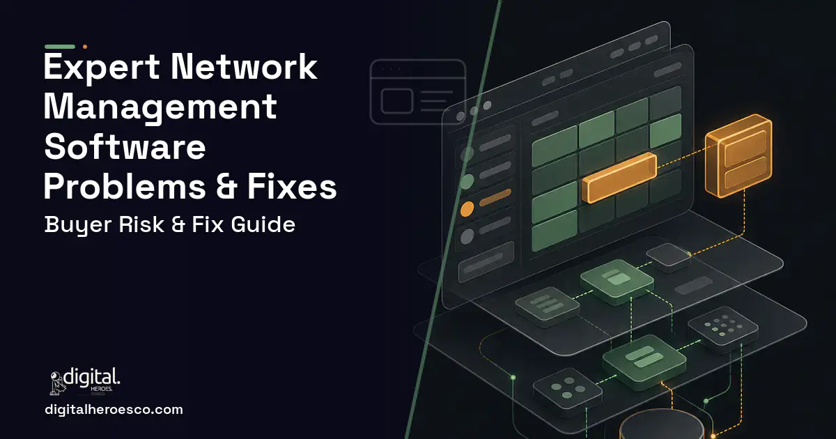 Expert Network Management Software product interface illustration showing common problems and fixes.