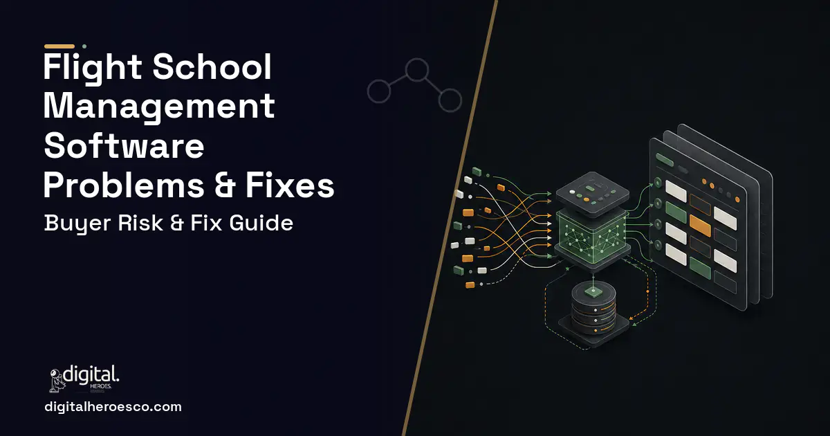 Flight School Management Software workflow illustration showing common problems and fixes.
