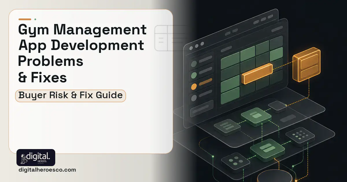 GYM Management App Development product interface illustration showing common problems and fixes.