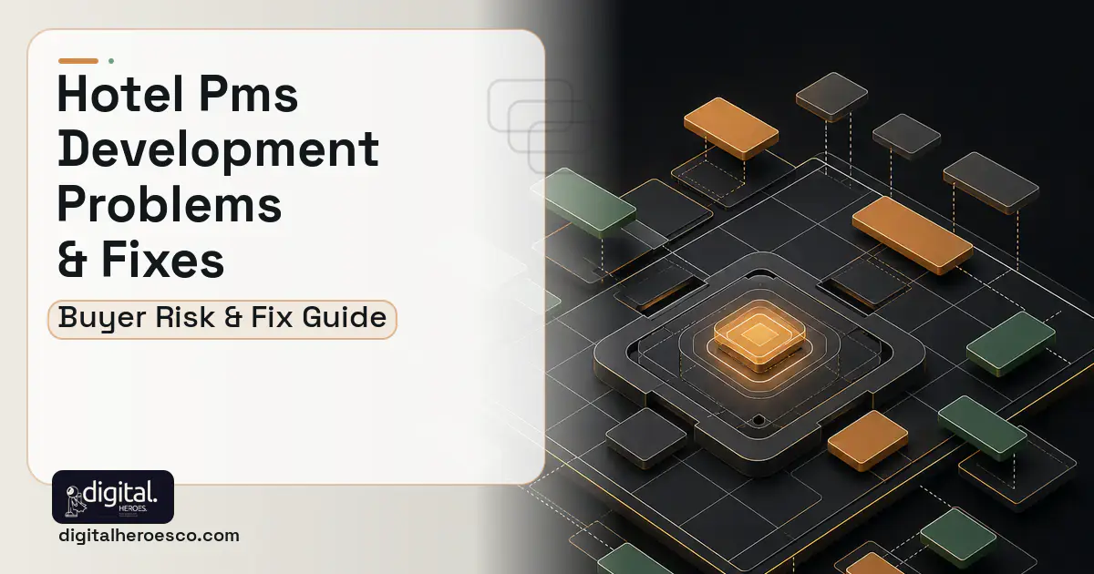 Hotel PMS Development software overview illustration showing common problems and fixes.