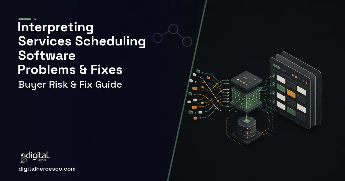 Interpreting Services Scheduling Software workflow illustration showing common problems and fixes.