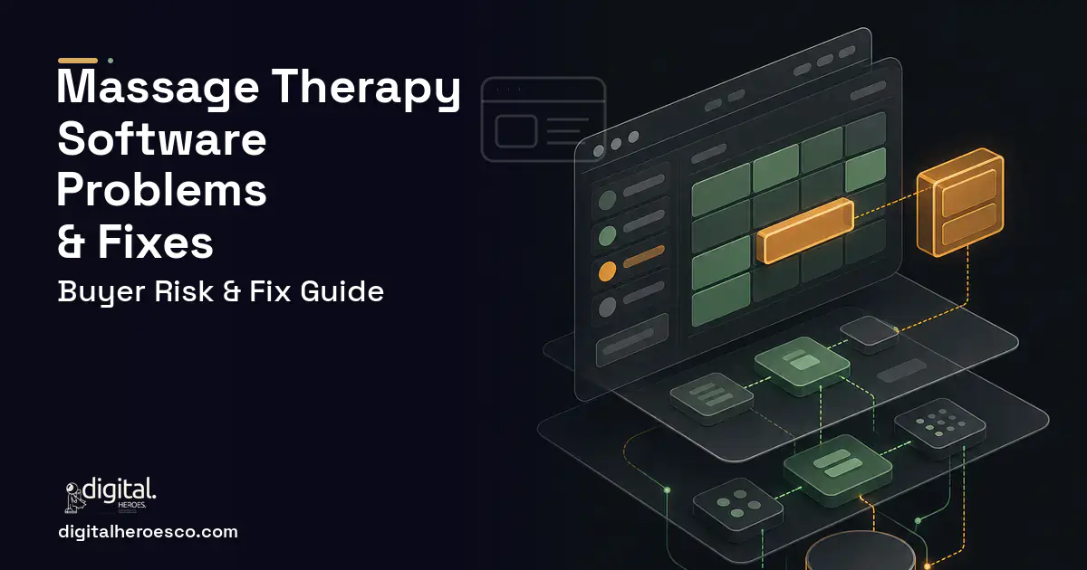 Massage Therapy Software product interface illustration showing common problems and fixes.