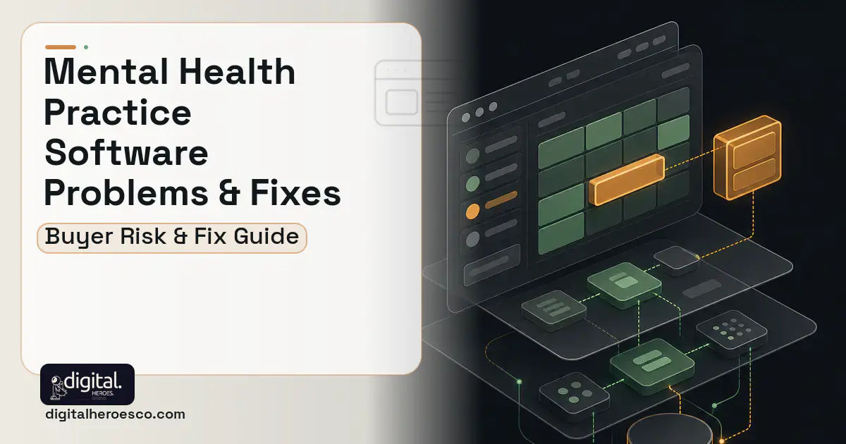 Mental Health Practice Software product interface illustration showing common problems and fixes.