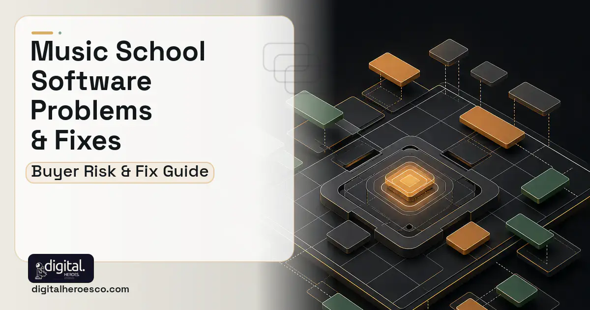 Music School Software software overview illustration showing common problems and fixes.