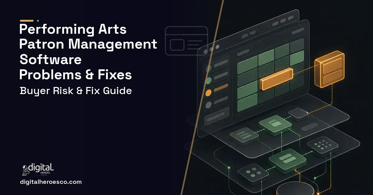 Performing Arts Patron Management Software product interface illustration showing common problems and fixes.