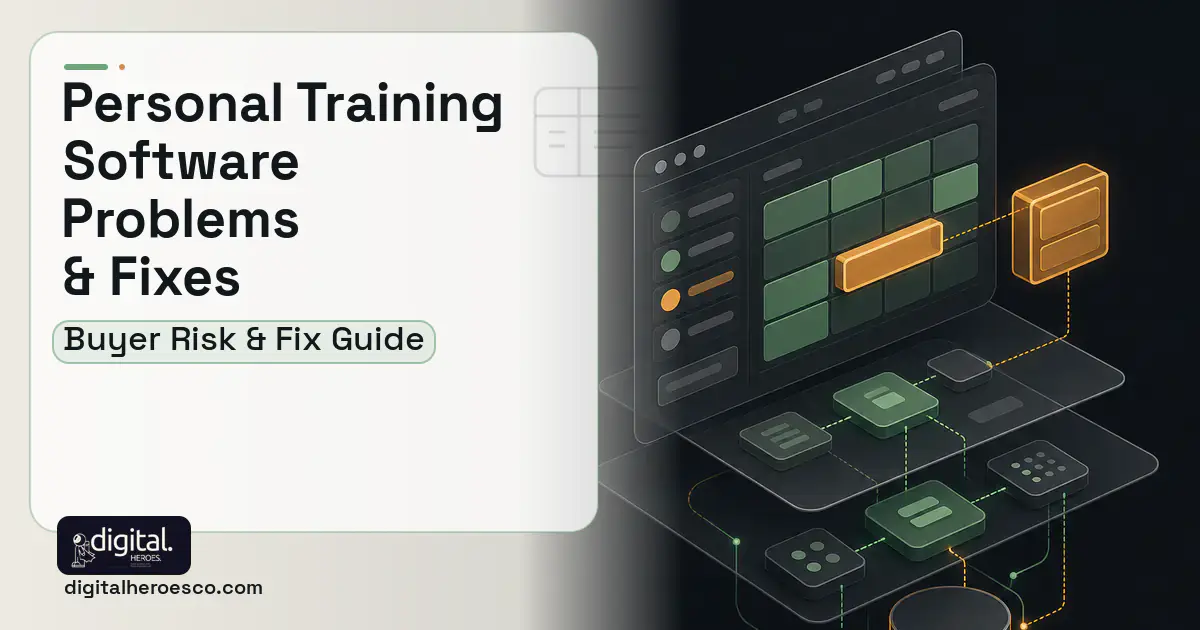 Personal Training Software product interface illustration showing common problems and fixes.