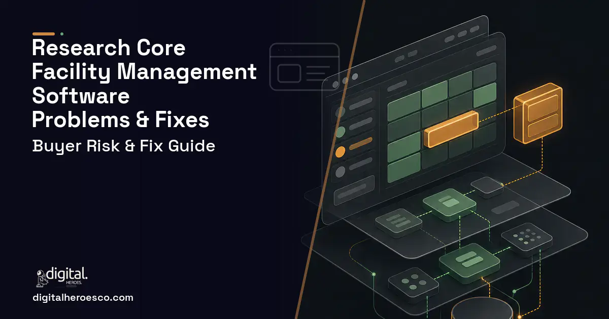 Research Core Facility Management Software product interface illustration showing common problems and fixes.