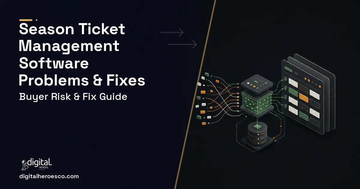 Season Ticket Management Software workflow illustration showing common problems and fixes.