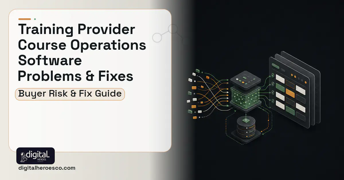 Training Provider Course Operations Software workflow illustration showing common problems and fixes.
