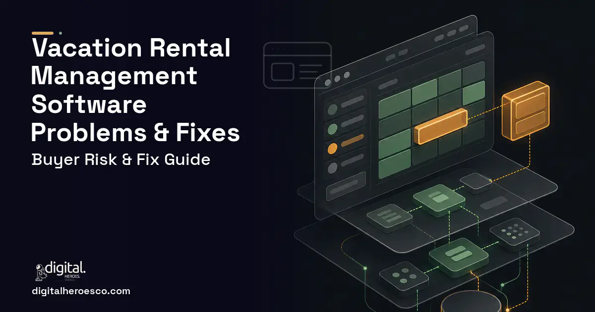 Vacation Rental Management Software product interface illustration showing common problems and fixes.