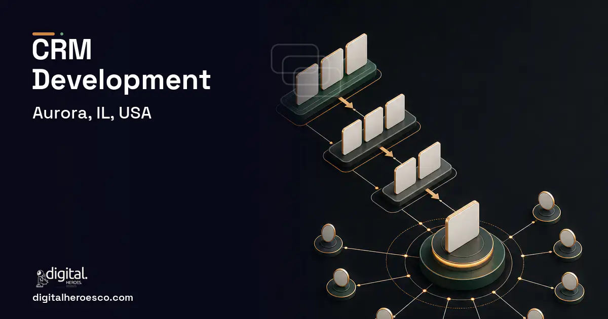 CRM Development software overview illustration for Aurora, IL, USA.
