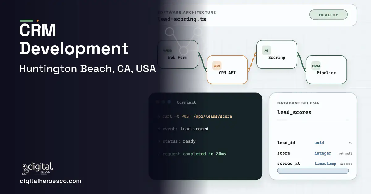 CRM Development architecture and database illustration for Huntington Beach, CA, USA.