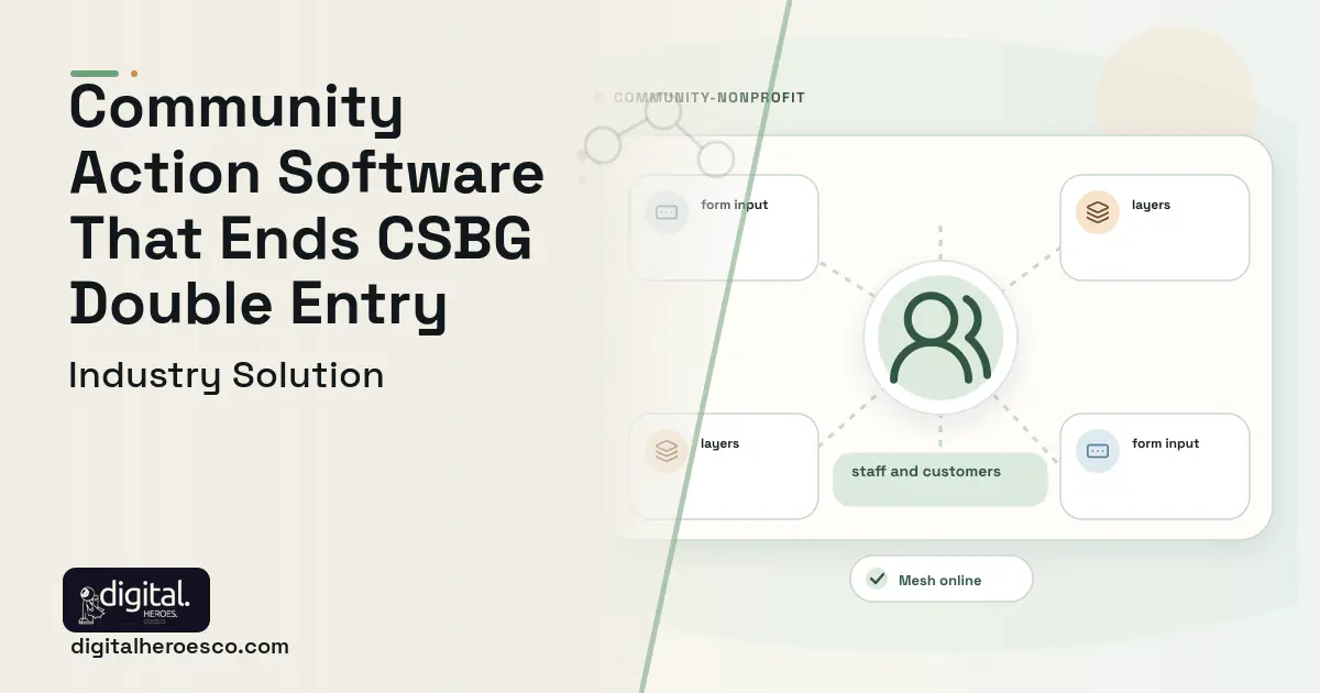 Community Action Agency software visual showing staff and customers, form input, and layers.