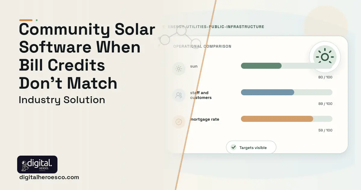 Community Solar Subscriber Management software visual showing sun, staff and customers, and mortgage rate.