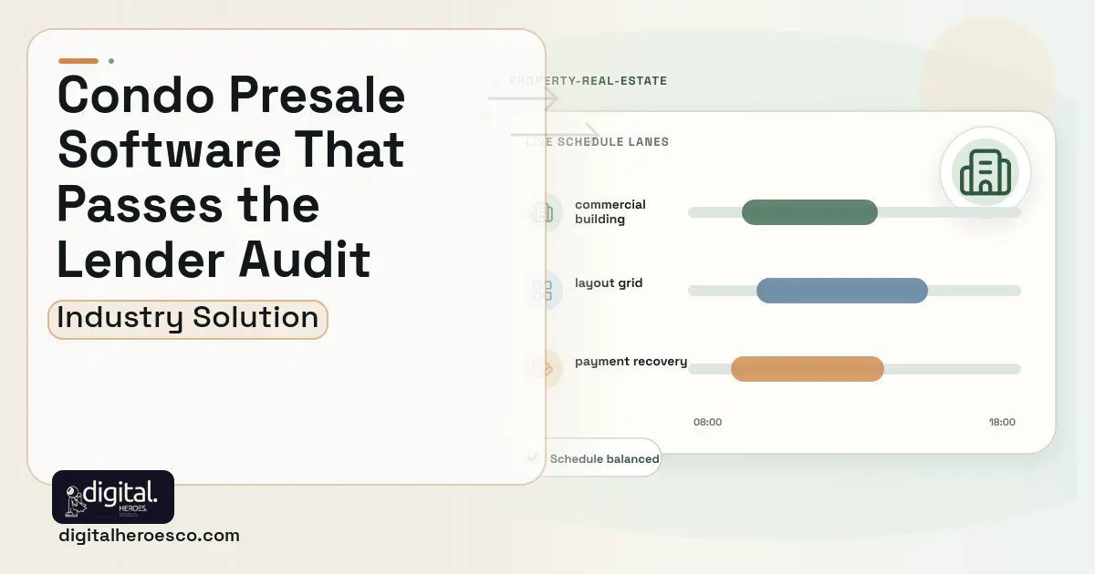 Condominium Presale Management software visual showing commercial building, layout grid, and payment recovery.