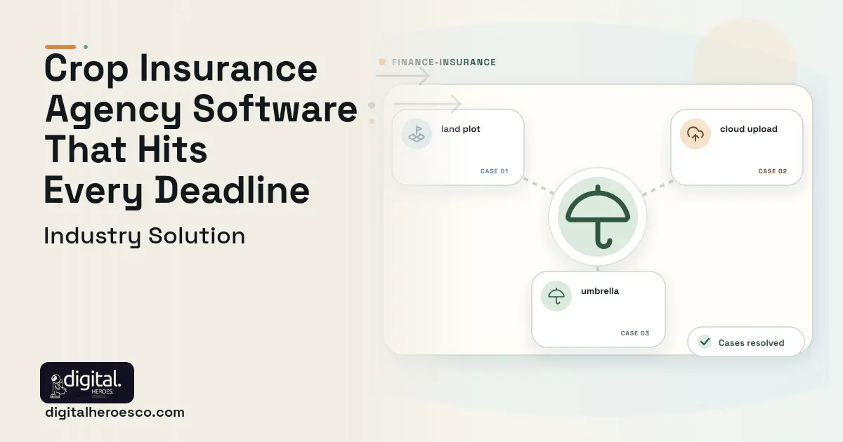 Crop Insurance Agency software visual showing umbrella, land plot, and cloud upload.