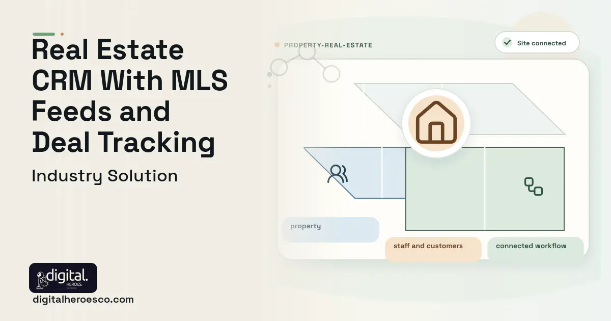 Custom Real Estate CRM software visual showing property, staff and customers, and connected workflow.