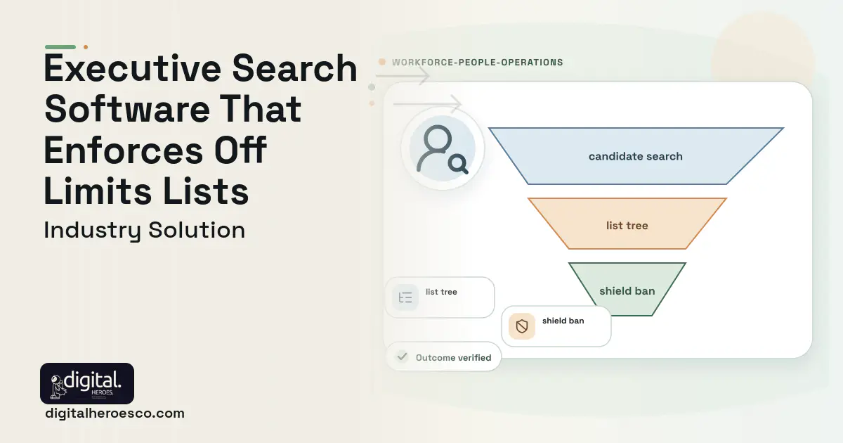 Executive Search Firm software visual showing candidate search, list tree, and shield ban.