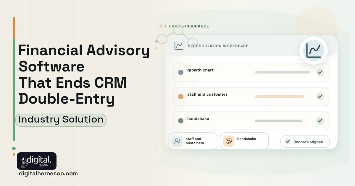 Financial Advisory software visual showing growth chart, staff and customers, and handshake.