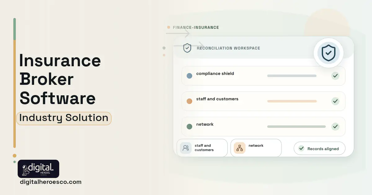 Insurance Broker software visual showing compliance shield, staff and customers, and network.