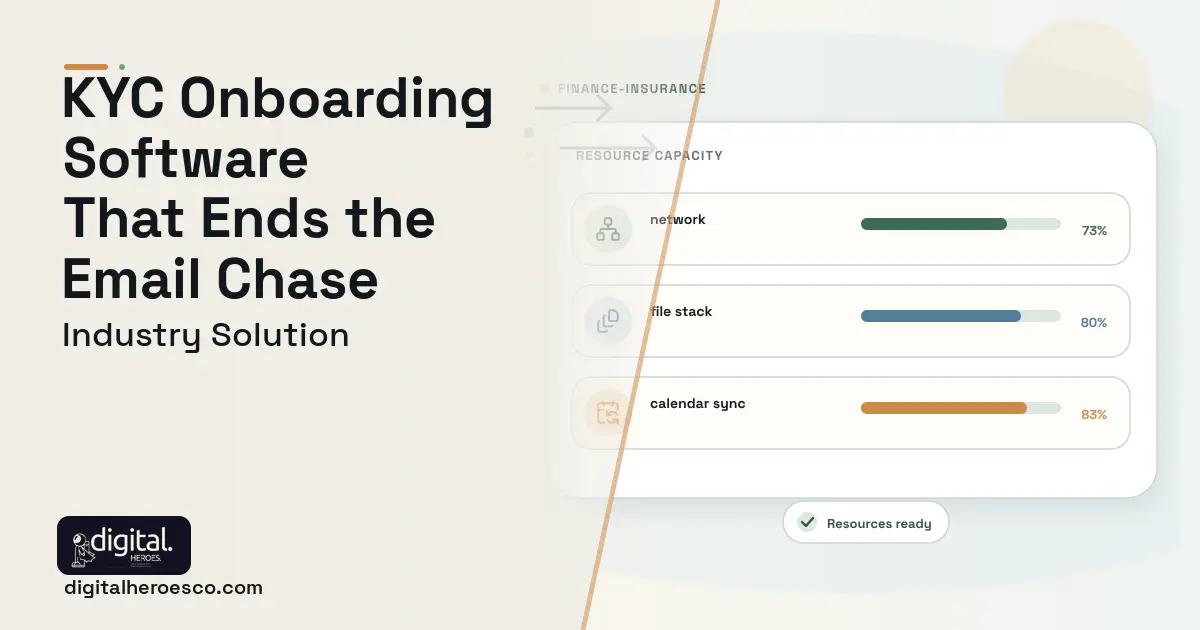 Kyc Onboarding Platform software visual showing network, file stack, and calendar sync.