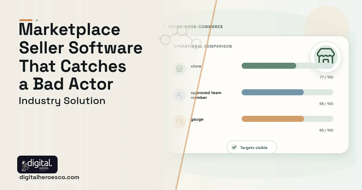 Marketplace Seller Management software visual showing store, approved team member, and gauge.