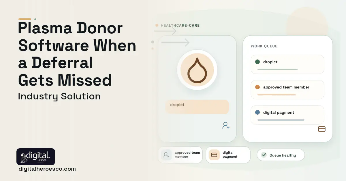 Plasma Donor Center software visual showing droplet, approved team member, and digital payment.