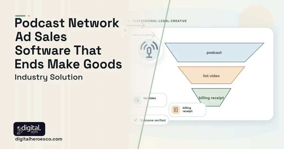 Podcast Network Management software visual showing podcast, list video, and billing receipt.