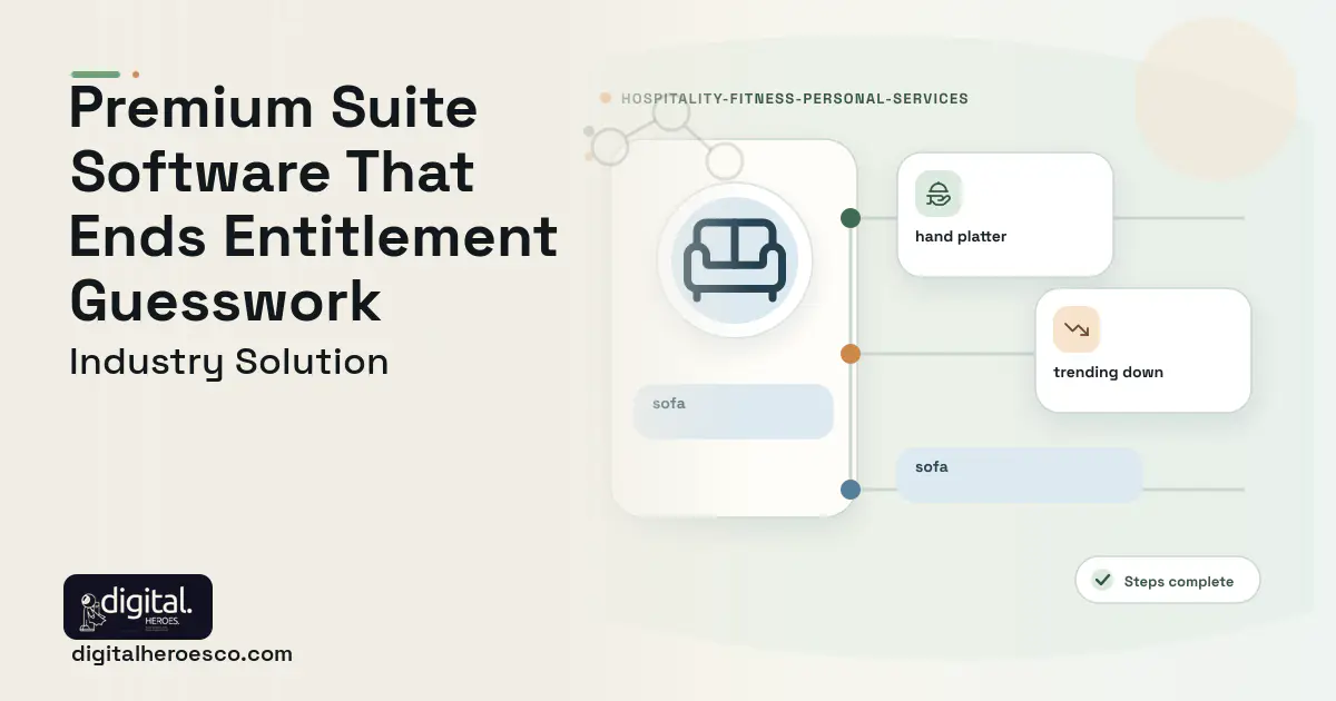 Premium Suite Hospitality Management software visual showing sofa, hand platter, and trending down.