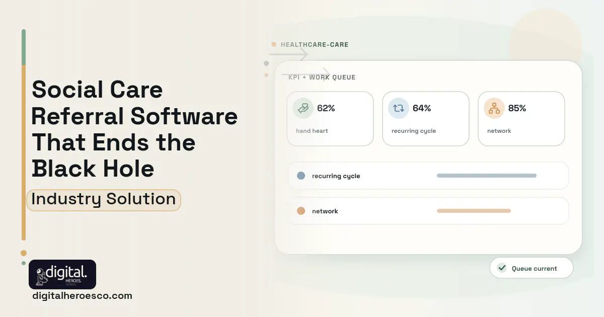 Social Care Referral Platform software visual showing hand heart, recurring cycle, and network.