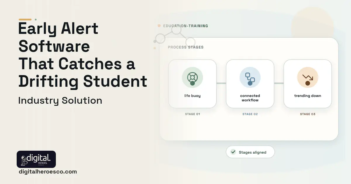 Student Retention and Early Alert software visual showing life buoy, connected workflow, and trending down.