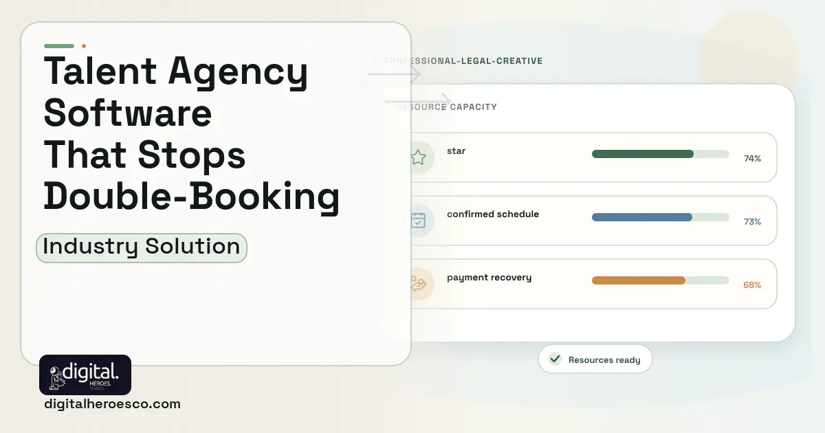 Talent Agency software visual showing star, confirmed schedule, and payment recovery.