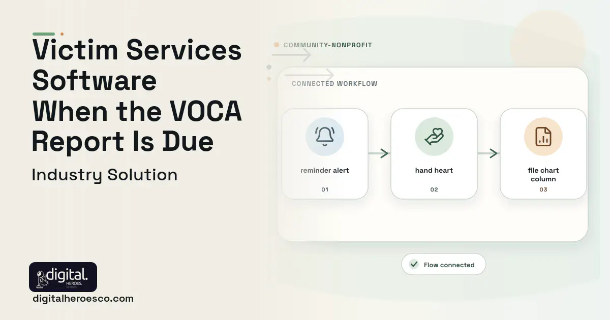 Victim Services Case Management software visual showing hand heart, reminder alert, and file chart column.