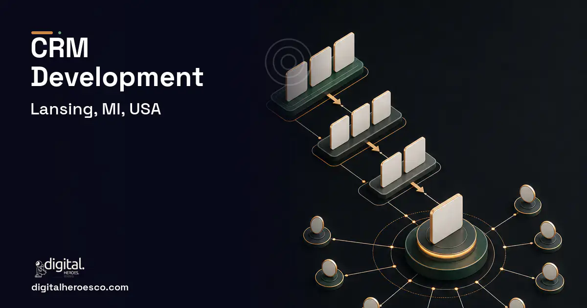 CRM Development software overview illustration for Lansing, MI, USA.