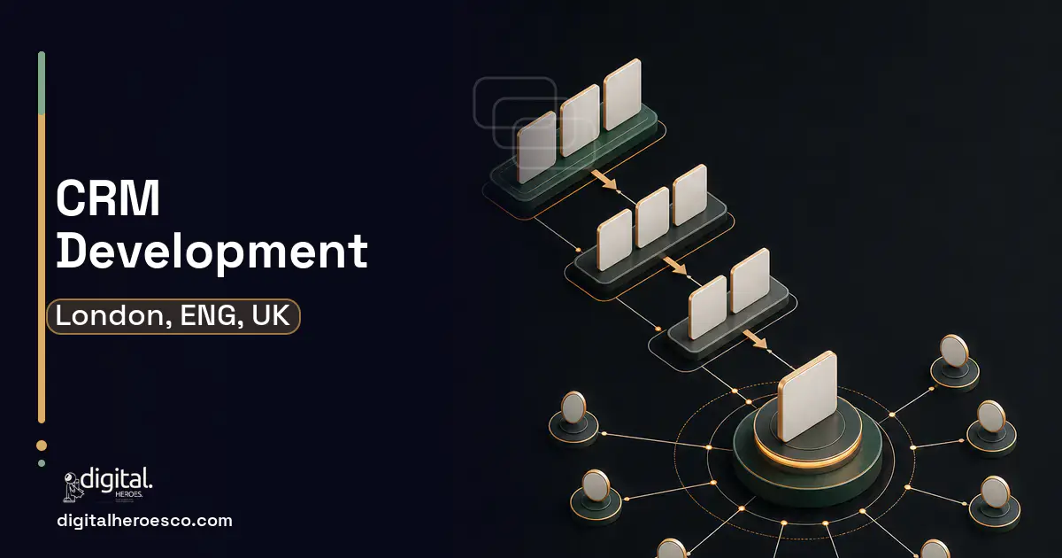 CRM Development software overview illustration for London, ENG, UK.