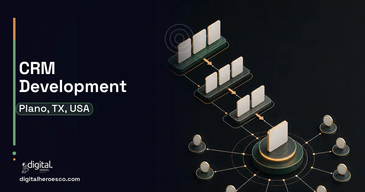 CRM Development software overview illustration for Plano, TX, USA.