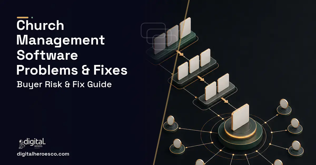 Church Management Software software overview illustration showing common problems and fixes.