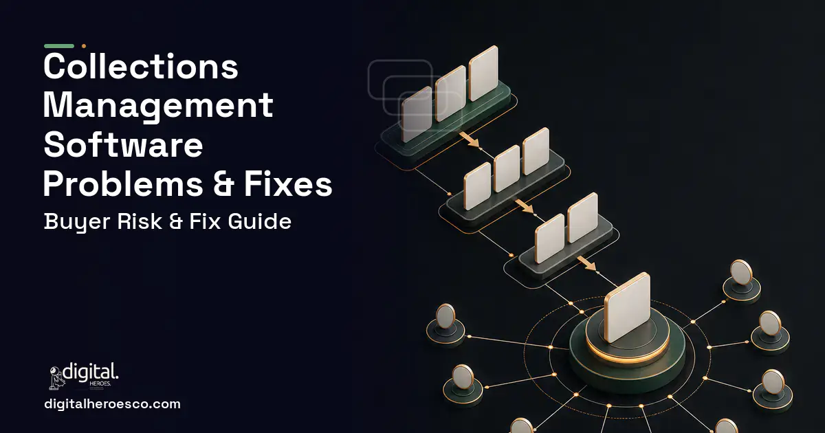 Collections Management Software software overview illustration showing common problems and fixes.