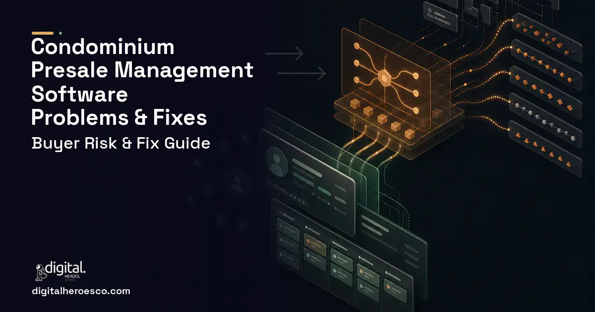 Condominium Presale Management Software workflow illustration showing common problems and fixes.