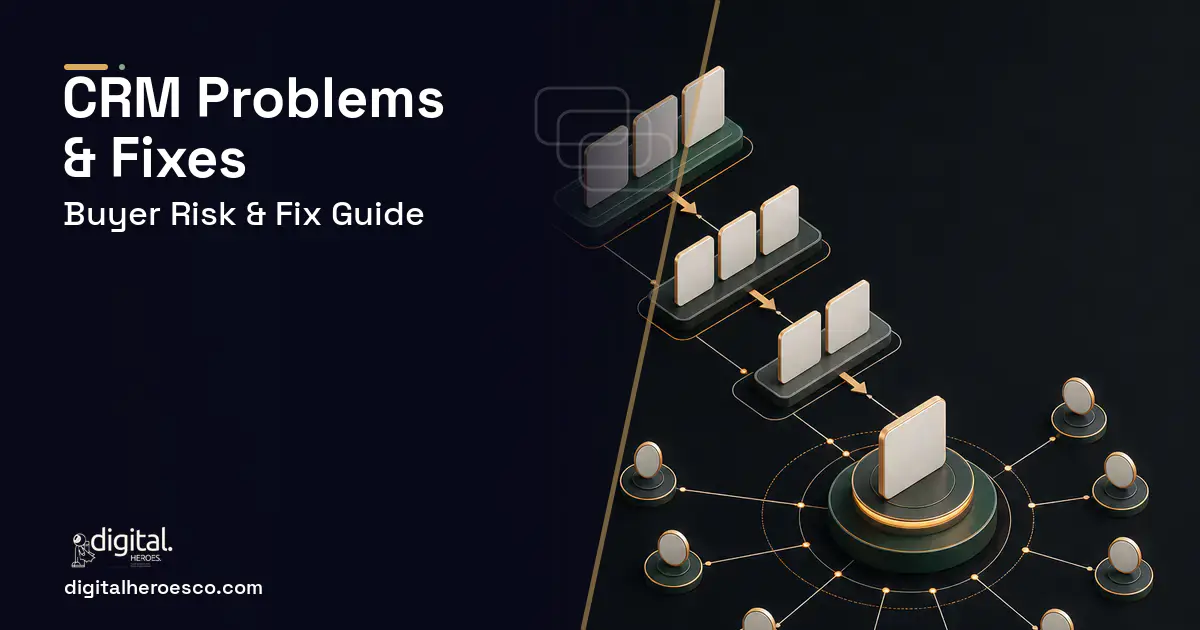 CRM software overview illustration showing common problems and fixes.