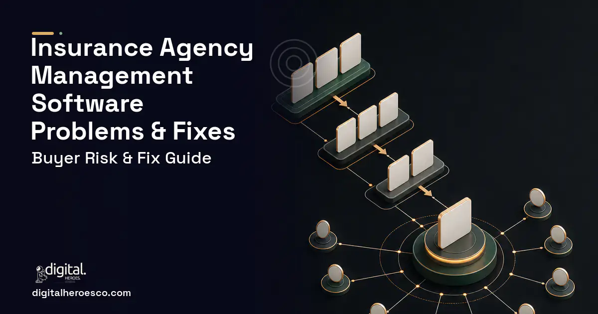 Insurance Agency Management Software software overview illustration showing common problems and fixes.