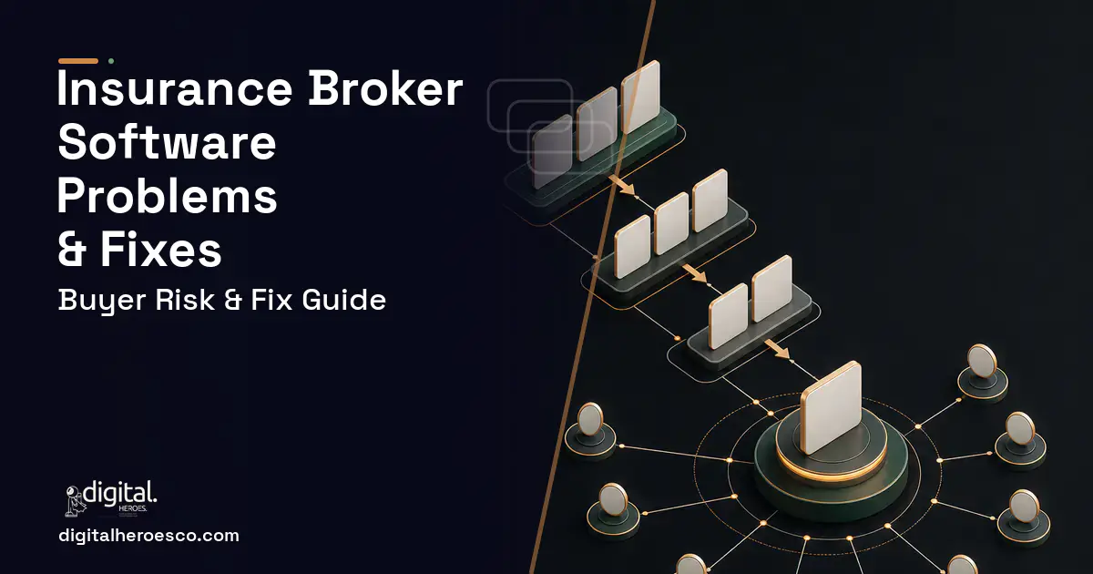 Insurance Broker Software software overview illustration showing common problems and fixes.