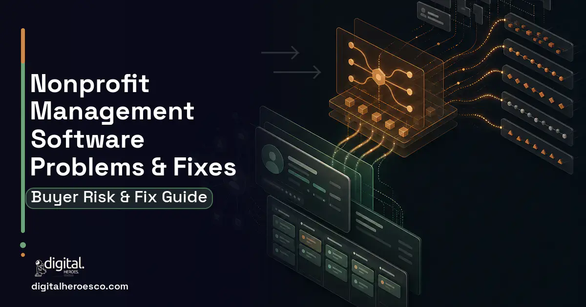 Nonprofit Management Software workflow illustration showing common problems and fixes.