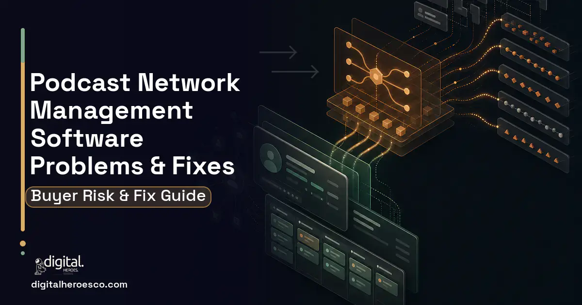 Podcast Network Management Software workflow illustration showing common problems and fixes.