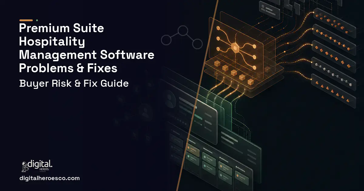 Premium Suite Hospitality Management Software workflow illustration showing common problems and fixes.