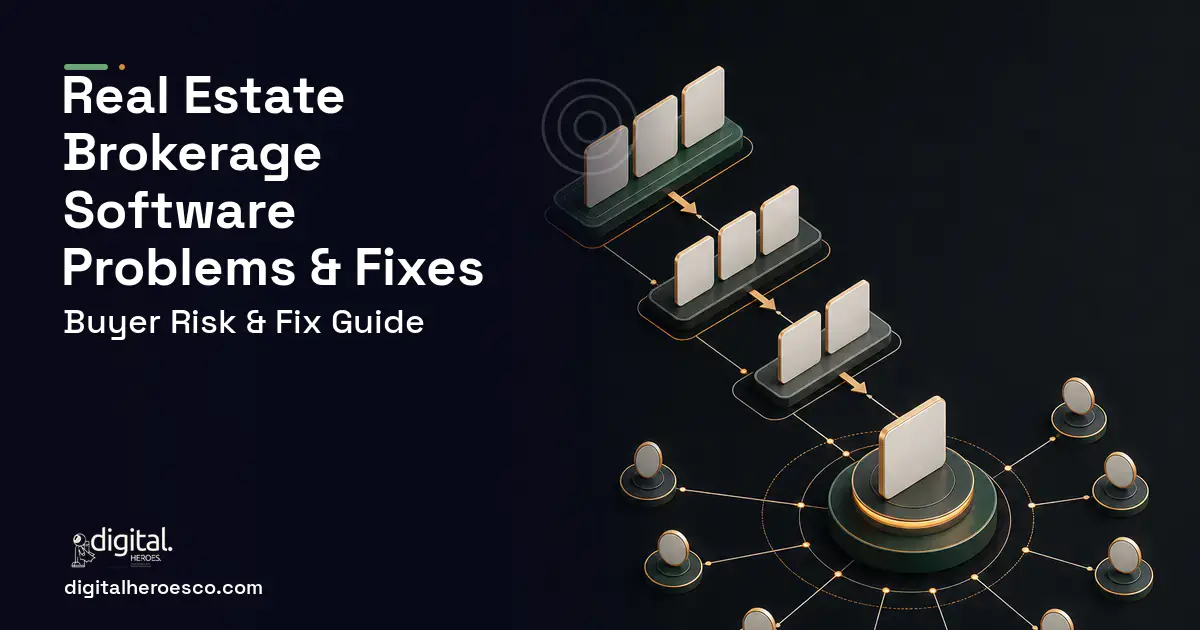 Real Estate Brokerage Software software overview illustration showing common problems and fixes.