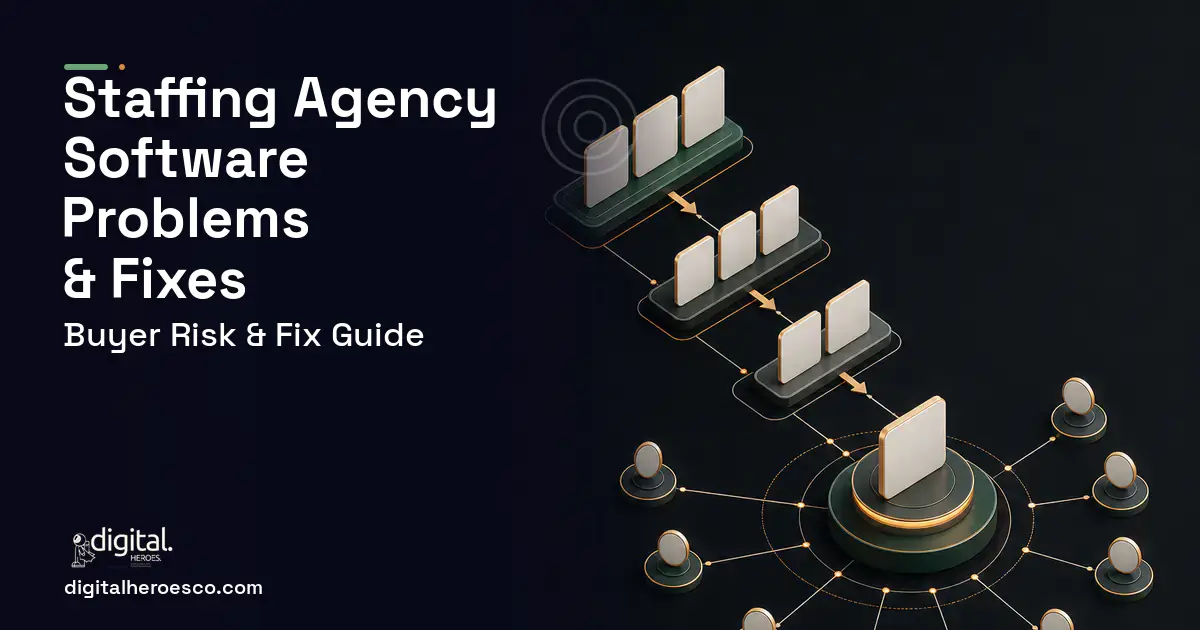 Staffing Agency Software software overview illustration showing common problems and fixes.