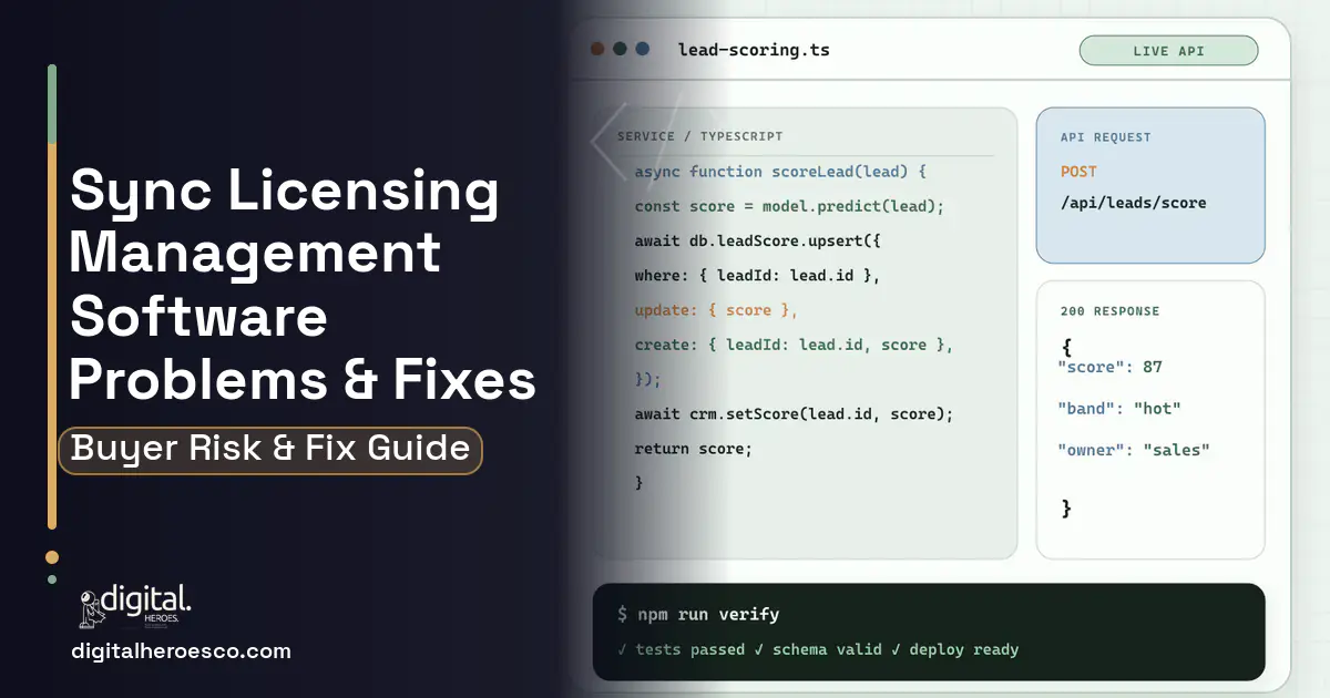 Sync Licensing Management Software code editor and API illustration showing common problems and fixes.
