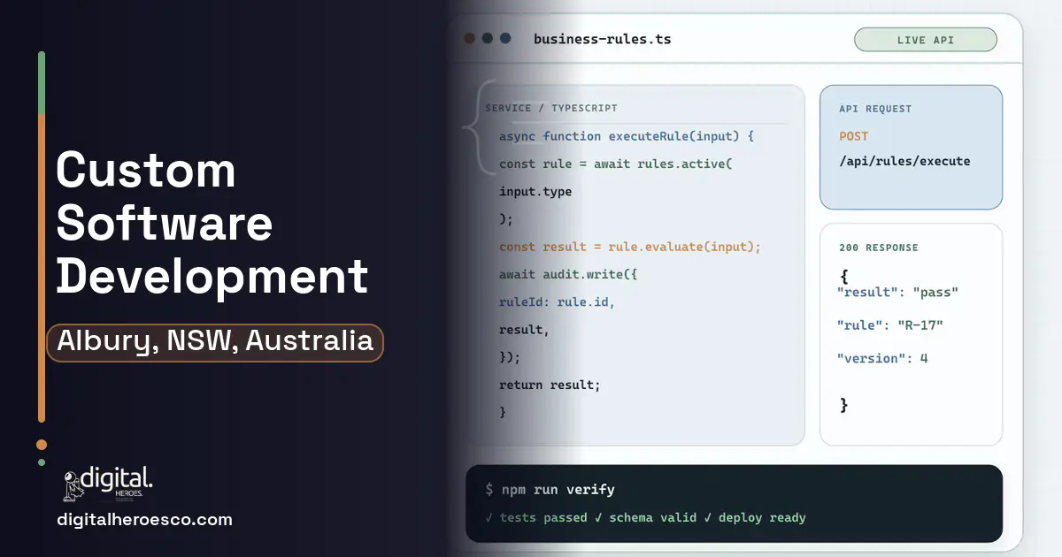 Custom Software Development code editor and API illustration for Albury, NSW, Australia.
