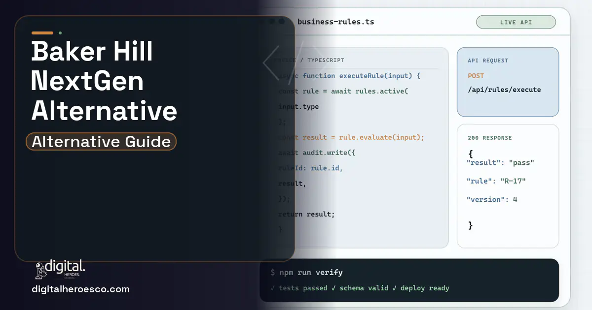 Custom Software Development code editor and API illustration for Baker Hill NextGen Alternatives for Community Banks.